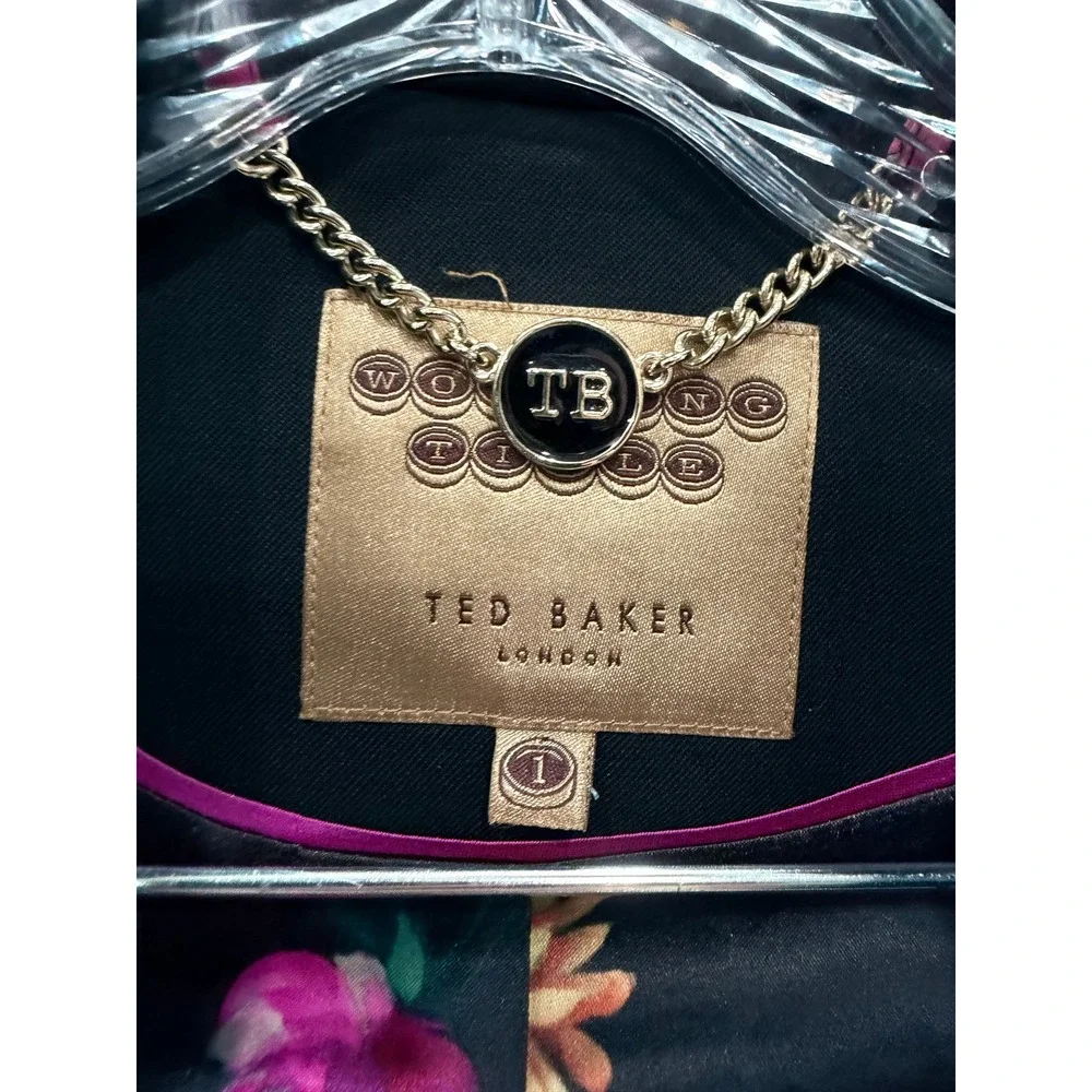 Ted Baker Blazer Women 1 Black Miako Wool Blend‎ Floral Lining Jacket